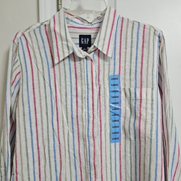 Gap Linen Button Down Shirt Women’s Large White Striped Long Sleeve Pocket NWT - Picture 4 of 8